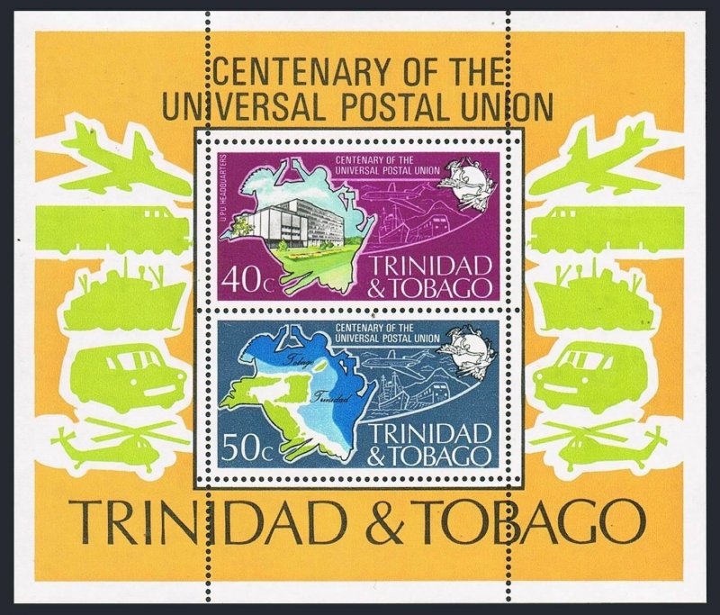 Trinidad & Tobago 244a sheet, MNH. UPU-100, 1974. Map,Mail transport.Helicopter.