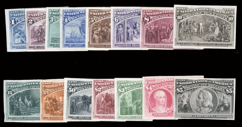 230/245P3, $3,056, 1893 1c-$5, plate proofs on india, without $1, usual thins