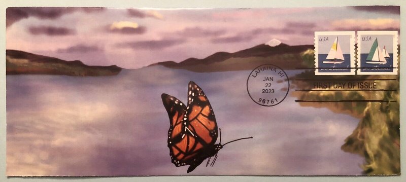 Sailboats 2023 FDC Lahaina, Maui Monarch Butterfly Hawaii Volcano In Background