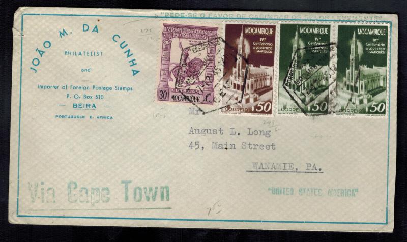 1945 Beira Mozambique airmail cover to USA via CApe Town