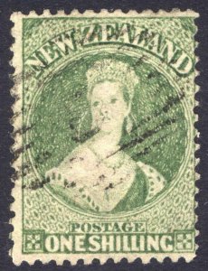 New Zealand 1862 1s Yellow Green PERF 13 wmkSTAR SG 80 Sc 20 VFU Cat £375($495)