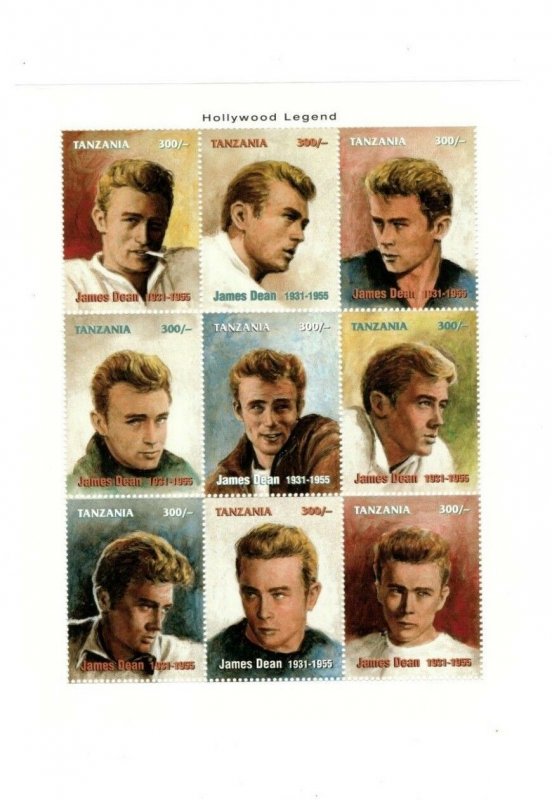 Tanzania - James Dean Movie Actor - Sheet of 9 Stamps - MNH