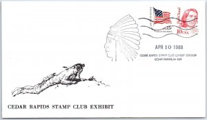 US SPECIAL EVENT COVER CEDAR RAPIDS IA STAMP CLUB EXHIBIT INDIAN HEAD DRESS 1988