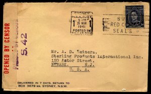 Australia 1941 Censored cover posted in Pillar Boy Sydney to Newark N.J.