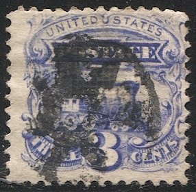 US 1869 3c Locomotive Sc 114 Used F, w/Grill + Fancy Cancel