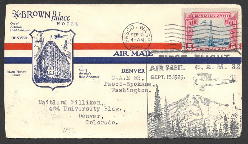 Doyle's_Stamps: 1929 Washington First Flight/Hotel Cover, Scott #C11