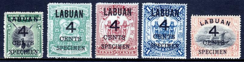 LABUAN — SG 102s//110s — 1899 4¢ SURCHARGE SPECIMENS — MH — SG £103