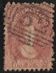 TASMANIA Australia 1864 Sc 23, Used F-VF, 1d QV, #52 Numeral Cancel