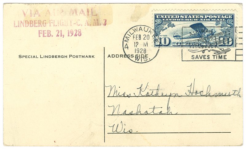 Scott C10 10c Airmail on 1928 Lindbergh Flown Cover