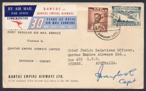 THAILAND 1953 Bangkok-Sydney First Flight cover. Signed by pilot.