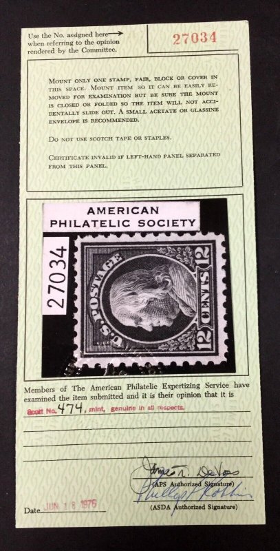 MOMEN: US STAMPS #474 MINT OG NH VF+ APS CERT LOT #82048