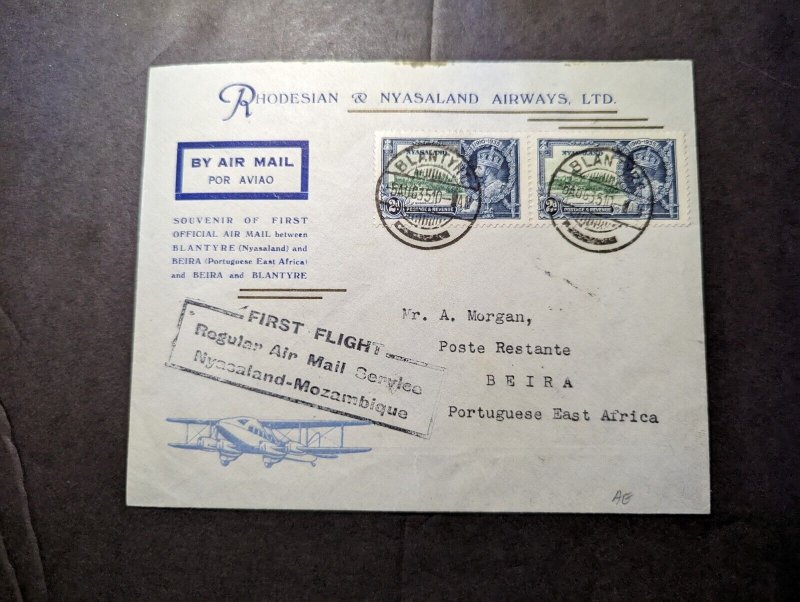 1935 British Nyasaland Airmail First Flight Cover FFC Blantyre to Beira PEA