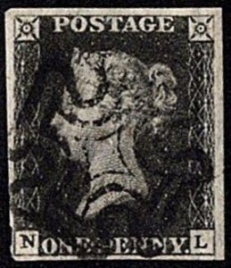 GBR SC #1 U (N,L) 1840 Q Victoria 4 margins w/black MC cancel CV $350.00