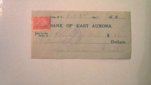 1899 BANK OF EAST AURORA BANK CHECK W/REVENUE STAMP