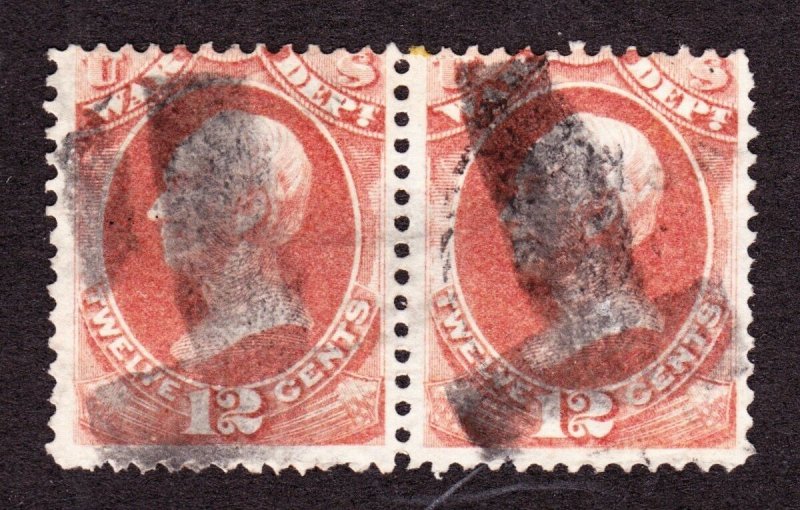 US O89 12c War Department Used Pair w/ Bold T Fancy Cancels