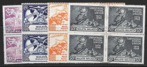 MALAYA MALACCA SG18/21 1949 U.P.U. SET USED BLOCKS OF 4