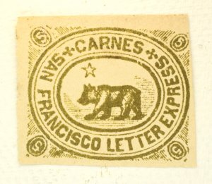 US LOCAL STAMP SCOTT #35L7 CARNE'S CITY LETTER EXPRESS 5C 2ND REPRINT, 1865