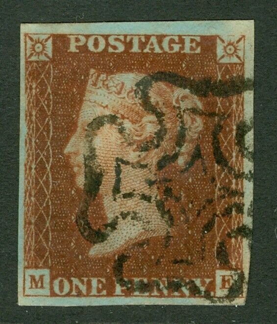 SG 8 1d red-brown plate 12 lettered ME. Very fine used Maltese cross. 4 margins