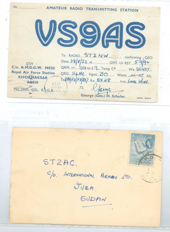 Aden  1953 QSL card to Sudan