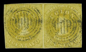 CHILE 1862 COLUMBUS - Last London print - 1c lemon yellow Sc# 11 used XF PAIR