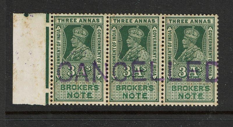 India 1923 3A Bankers Note Specimen Strip of 3 MLH / 2NH / Toned Gum - S1912