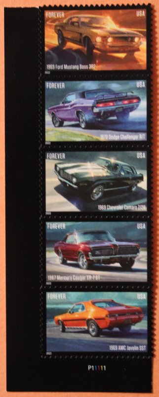 U.S.#5715-5719 Pony Cars 60c FE Vert.Strip of 5 w/P#, MNH. '2022' P...