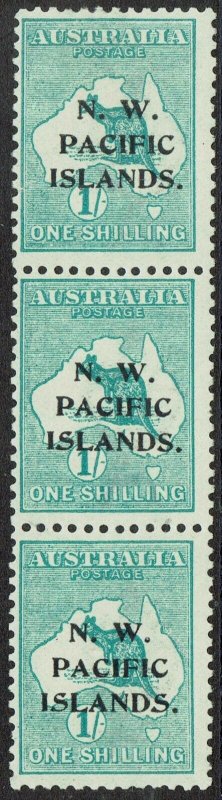 NWPI NEW GUINEA 1915 KANGAROO 1/- ABC STRIP 1ST WMK 