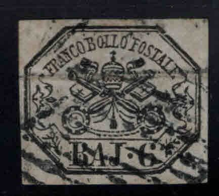 Roman or Papal states Scott 7 Used 1852 Black on Greenish colored paper