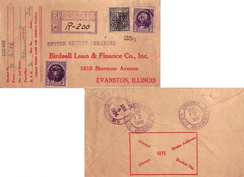 United States Iowa Glenwood Registered 1934 violet double ring  3c Washington...
