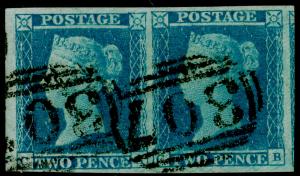 SG13, 2d pale blue, FINE USED. Cat £280. PAIR. FULL MARGINS. CA CB