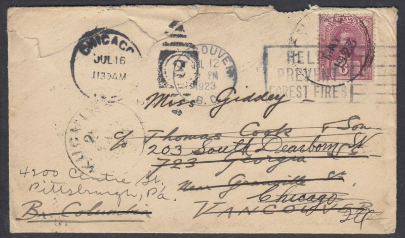 SARAWAK 1923 6c tied by Kuching cds to Canada via Singapore, fwd to USA