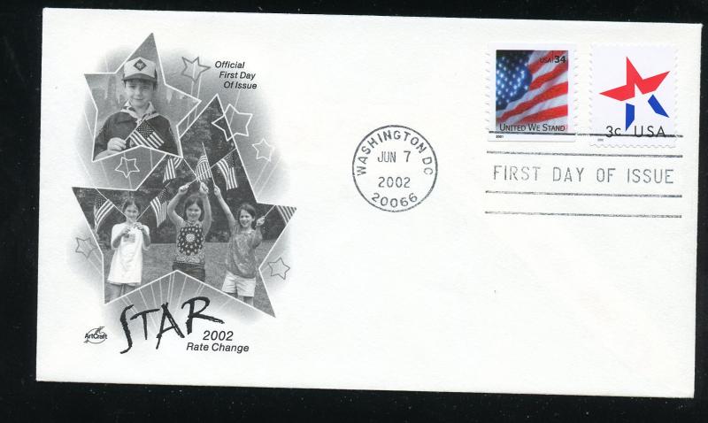 US 3613 2002 rate change - Star - Sheet UA ArtCraft cachet FDC