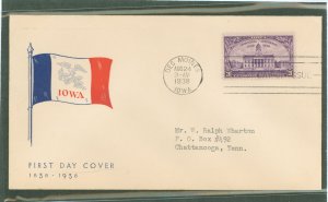 US 838 1938 3c Iowa Centennial (single) on an addressed first day cover with a Fidelity cachet.