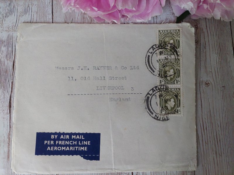 1940 Cover Nigeria, Lagos to Liverpool, Stripe of 3, stamps Airmail