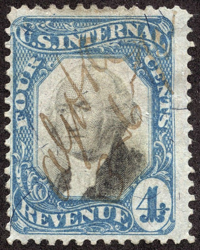 rs0052 U.S. Revenue Scott R106, 4-cent blue & black, manuscript cxl SCV = $125