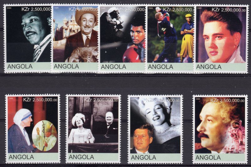 Angola 2000 Great People of 20th Cent.Kennedy/Churchill/Pope JPII/Space Set(9)