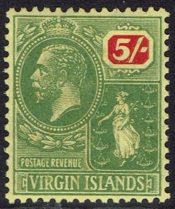 BRITISH VIRGIN ISLANDS 1922 KGV ST URSULA 5/- WMK MULTI SCRIPT CA