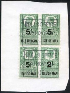 Isle of Man KGVI 5/- Block 4 Key Plate Type Revenues Used on Piece