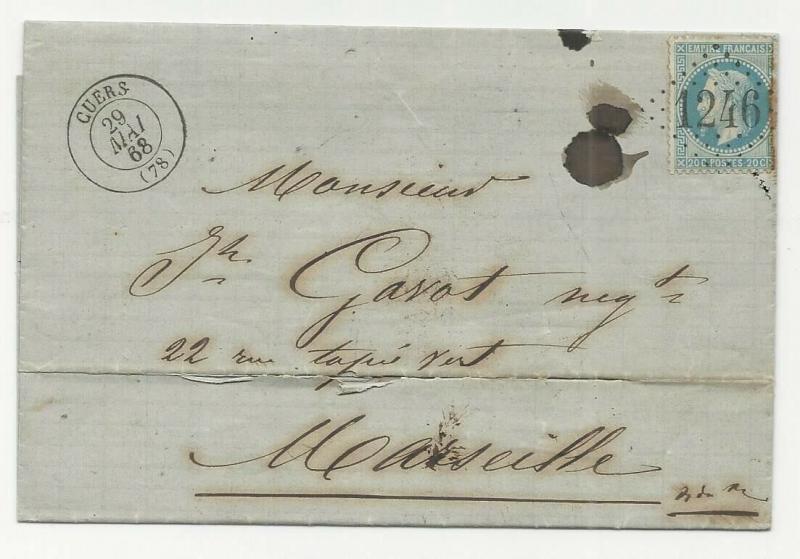 TRADE PRICE STAMPS FRANCE 1868 ENTIRE COVER CUERS CANCEL AND IMPERF STAMP