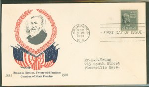 US 828 1938 24c Benjamin Harrison (Presidential/prexy series) on an addressed (typed) FDC with a Granby cachet