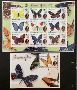 Afghanistan 2001 #Unlisted, 7 S/S, Butterflies/Scouting, MNH(see note), 4 Pics.