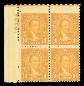 United States, 1910-30 #642 Cat$17, 1927 10c orange, plate block of four, lig...