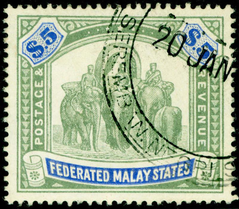 MALAYSIA - Straits Settlements SG50, $5 green & blue, FINE USED. Cat £130.