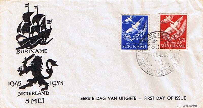 Suriname 7 1/2c+3 1/2c and 15c+8c Netherlands' Liberation Semi-Postal 1955 Ne...