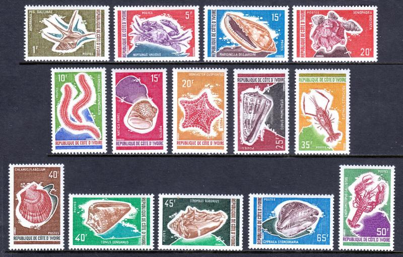 IVORY COAST — SCOTT 301-314 — 1971-72 MARINE LIFE SET — MH — SCV $32.65