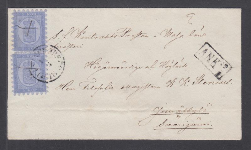 Finland Sc 4 vertical pair on 1862 cover Helsingford to Jyväskylä, red wax seal