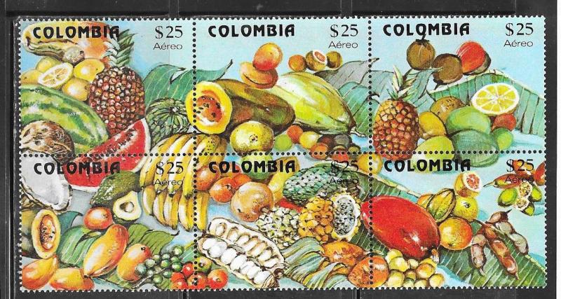 Colombia #C711 $25  Fruit  block of 6 ( MNH)  CV $24.00