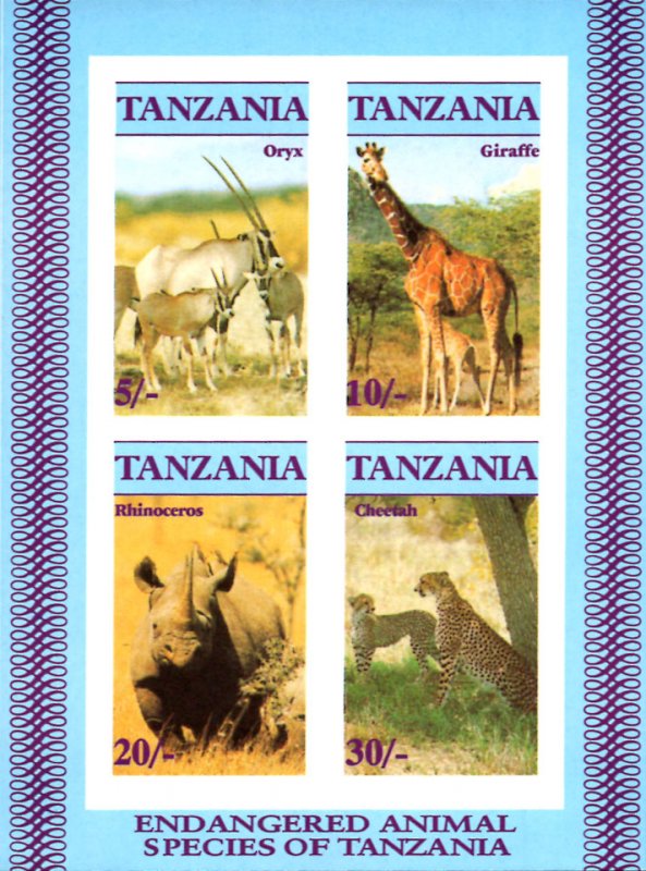 Tanzania IMPERF. 1986 Endangered Animals Wildlife 4v Mint S/S. (#01)