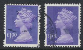 Great Britain SG Y1743 SC# MH279 Machin £1 Used x2  Bluish Violet see phosph...