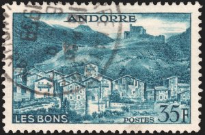 Andorra (French) #137  Used - 35fr pruss blu Village of Les Bons (1955)